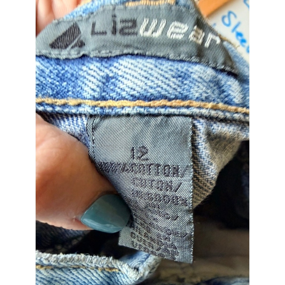 Lizwear Vintage 90s Patchwork Mom Jeans 12 Blue Cotton Plaid Distressed Boho - Picture 4 of 5